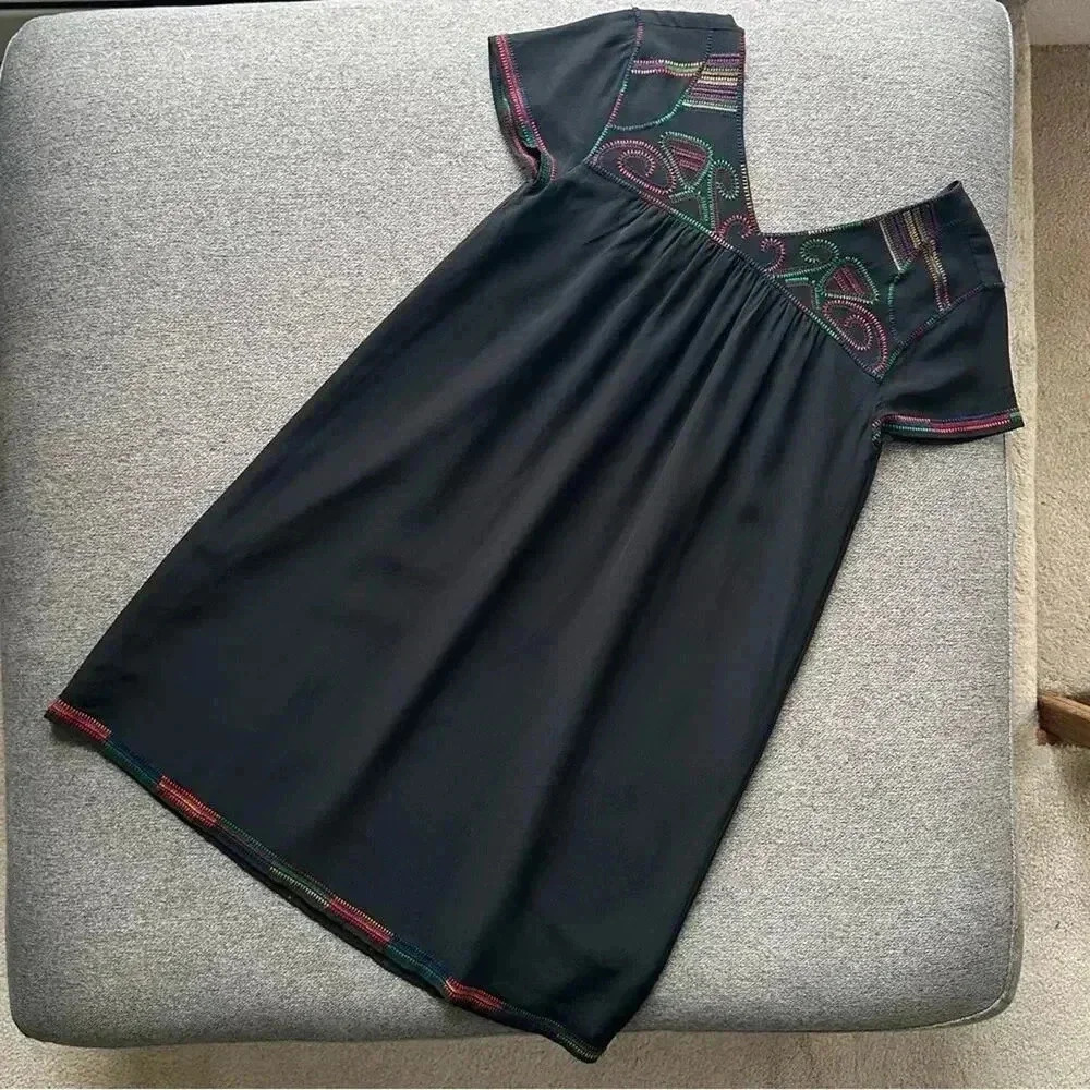 Madewell Black 100% Silk Embroidered Color Stitch Shift Dress XS